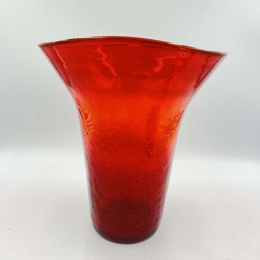 Kanawha Glass Amberina Crackle Vase Flared Rim UV Glow MCM WV Art Glass VTG